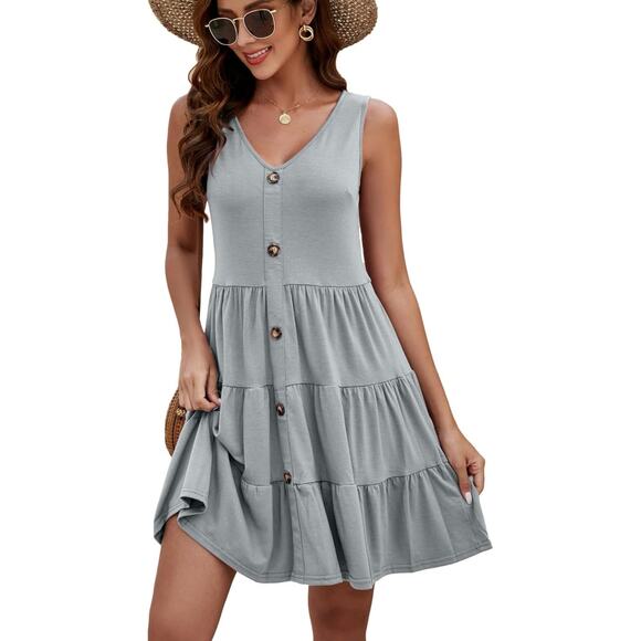Halife Dresses & Skirts - Halife Womens Gray Button Front Casual Swing Pleated Summer Sun Dress Size XL